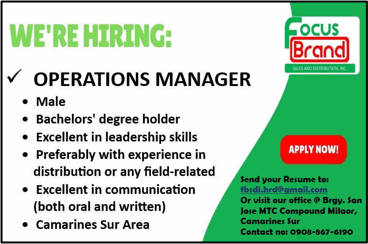 WE ARE HIRING !!! From Focus Brand Sales and Distribution Inc.